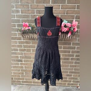 Free People Black and Red Embroidered Mini Dress